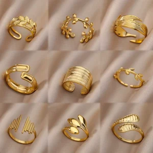 Stainless Steel Men’s and Women’s Leaf Geometric Rings 18k Gold Plated Open Ring Fashion Jewelry Rings