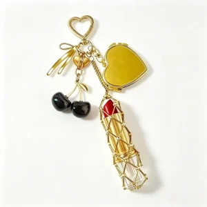 Stainless Steel Mesh Lipstick Holder Keychain with Cherry Charm and Heart Mirror Cute Bag Pendant for Women