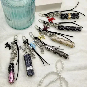 Stainless Steel Mesh Lipstick Keychain Portable Lipstick Storage Mesh Bag with Mirror Star Pendant Women Fashion Gift