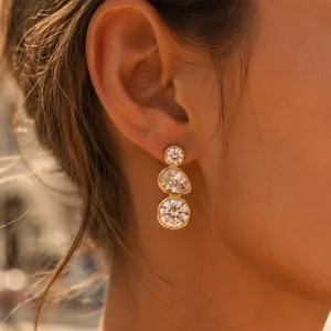 Stainless Steel Mixed Cut CZ Drop Earrings 18K Gold Plated Round Pear Round CZ Dangle Statement Earrings Fashion Jewelry