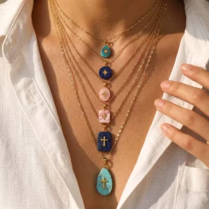 Stainless Steel Natural Stone Pendant Necklace Cross Collar Chain for Women’s Neck Jewelry
