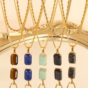 Stainless Steel Natural Stone Pendant Rectangle Gemstone Necklace Charm Gold Plated Jewelry Pendant DIY Making Pendant Charm