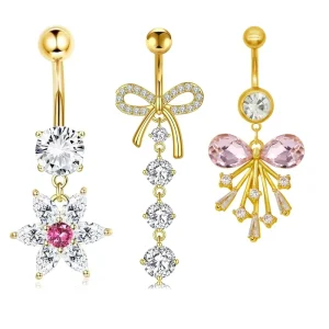 Stainless Steel Navel Piercing for Women Gold Plated Flower Dangle Belly Button Rings Fashion Jewelry for Women Men