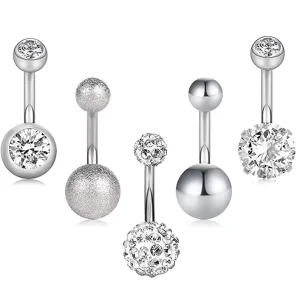 Stainless Steel Navel Stud 5 Piece Set Classic Claw Setting Zircon Inlaid Navel Ring Body Piercing Jewelry