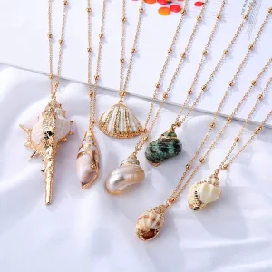 Stainless Steel Necklace Drop White Conch Natural Large Shell Pendant for Women