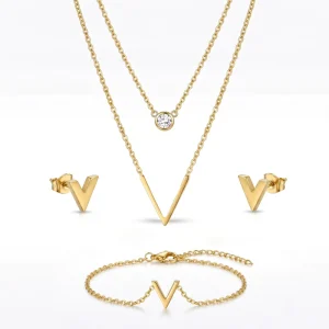 Stainless Steel Necklace Earrings Bracelet Set For Women Girls Dainty Gold Plated Cubic Zirconia Pendant Choker Jewelry Gift