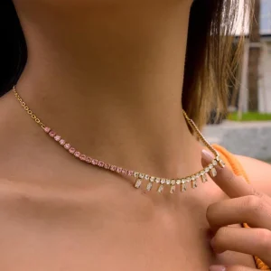 Stainless Steel Necklace Square White Zirconia Pendant Multi Color Gemstone Chain Tarnish Free Jewelry for Women Party Wedding