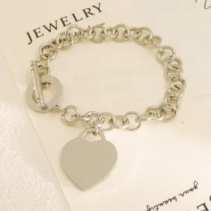 Stainless Steel New Luxury Love Jewelry TO Shaped Buckle Thick Chain Bangle Heart Peach Pendant Bracelet for Women