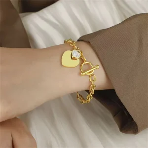 Stainless Steel OT Buckle with Rhinestone Heart Pendant Bracelet for Women Waterproof Hand Accessories Fashion Jewelry