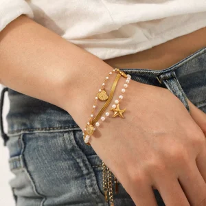 Stainless Steel Ocean Jewelry Starfish Shell Pearls Blade Chain Minimalist Charms 3Pcs Bracelets for Girls