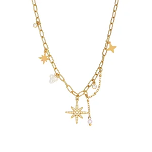 Stainless Steel Octagon Star Pendant Choker Crystal Zircon Beaded Fringe Necklace for Women Fashion Accessories