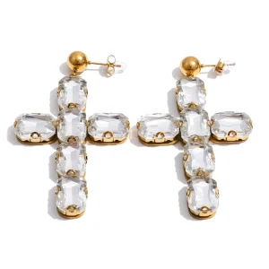 Stainless Steel PVD Gold Plated Crystal Cross Charm Drop Dangle Earrings for Women Religious Jewelry
