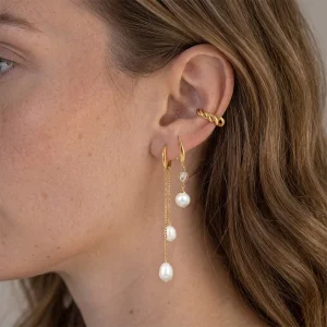 Stainless Steel Pearl CZ Earring Set 18K Gold Plated Twisted Ear Cuff Pearl Drop Earrings for Women Fashion Jewelry