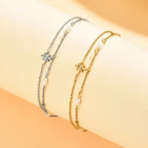 Stainless Steel Pearl Chain Link Women’s Bracelets Butterfly Flowers Bead Charm Adjustable Size Bangles
