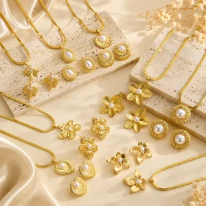 Stainless Steel Pearl Flower Jewelry Set Vintage Snake Chain Necklace Earrings Set Waterproof Women Luxury Fashion Jewelry
