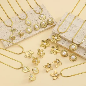 Stainless Steel Pearl Flower Jewelry Set Vintage Snake Chain Necklace Earrings Set Waterproof Women Luxury Fashion Jewelry