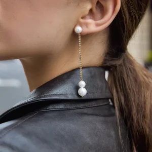 Stainless Steel Pearl Tennis Chain Drop Earrings 18K Gold Plated Long Linear CZ Dangle Earrings for Women Fashion Jewelry