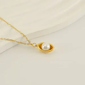 Stainless Steel Plated 18k Gold Imitation Pearl Necklace Women Design Simple Fashion Link Chain