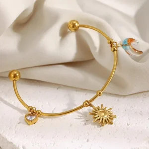 Stainless Steel Plated with 18K Gold Sun and Moon Beads C Shaped Bracelet