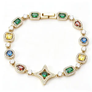 Stainless Steel Rainbow CZ Crystal Bracelet Women Multi Color Gemstone Halo Pave Waterproof Chain Trendy Fashion Jewelry Gift