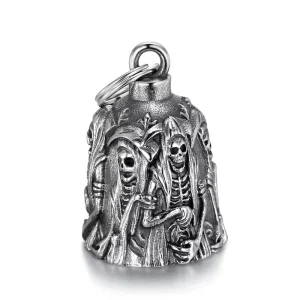 Stainless Steel Reaper Skull Guardian Bell Keychain Necklace Lucky Charm for Motorcycle Biker Gear