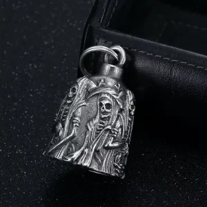 Stainless Steel Reaper Skull Guardian Bell Keychain Necklace Lucky Charm for Motorcycle Biker Gear