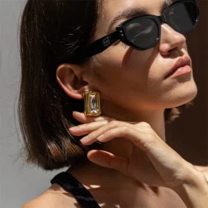 Stainless Steel Rectangle with Crystal Stud Earrings for Women Trendy 18K PVD Waterproof Accessories Fashion Female Jewelry Gift