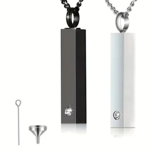 Stainless Steel Rectangular Bar Urn Necklace Inlaid Crystal Tiny Ash Cremation Pendant for Men Women Memorial Jewelry
