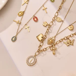 Stainless Steel Religious Charm Necklace Set Gold Plated Cross Heart Pendant Stackable Layered Necklaces Jewelry for Women
