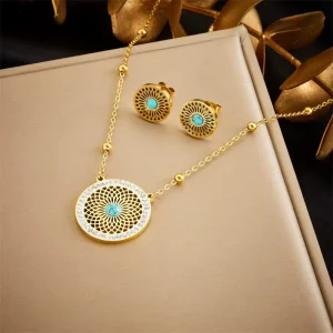 Stainless Steel Resin Hollow Round Pendant Necklace and Earrings Set for Women
