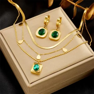 Stainless Steel Retro Design Emerald Earrings Necklace Jewelry Set for Women