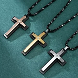 Stainless Steel Rhinestone Cross Pendant Necklace Waterproof Double-layer Retro Hip-hop Accessories Necklace for Men