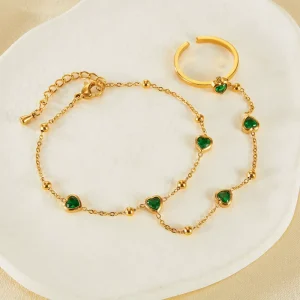 Stainless Steel Ring Bracelet Emerald love Zircon Women’s Back Chain Jewelry Stock Luxury Jewelry