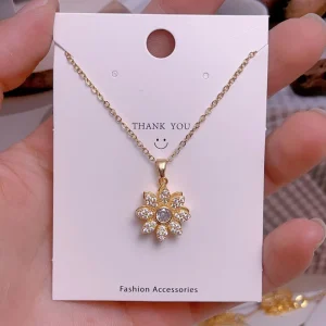 Stainless Steel Rotating Zircon Necklace Clover Heart Pendant Trendy Women Fashion Jewelry Supply