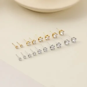 Stainless Steel Round CZ Stud Earrings Set 4mm 5mm 6mm 7mm 8mm for Women