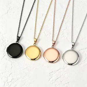 Stainless Steel Round Locket Necklace Hold Photo Custom Engravable Blank Pendant 4 Colors Gold Rose Silver Black Gift