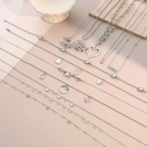 Stainless Steel Silver Heart, Moon, and Flower Pendant Necklace with Zircon for Women