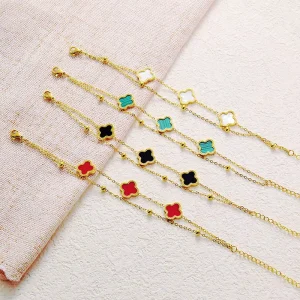 Stainless Steel Single sided Fritillaria Shell Four leaf Clover 18K Gold Plated Women’s Gift Bracelet