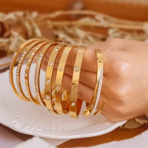 Stainless Steel Slap Snap Bangles Crystal Women’s Bracelet PVD 18K Plated Trendy Geometric Customizable Unisex Party