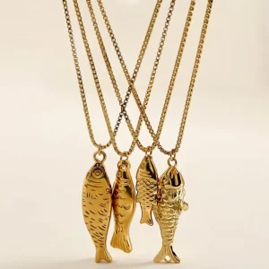 Stainless Steel Small Fish Pendant Necklace with Box Chain 18K Gold Plated Fish Sea Animal Necklace for Women