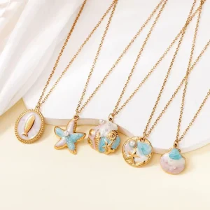 Stainless Steel Summer Ocean Style Starfish Shell High end Texture Non Fading Pendant Necklace Fashionable Accessory