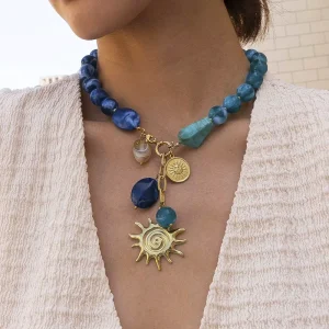 Stainless Steel Sun Pendant Necklace Acrylic Beaded Tarnish Free Boho Y Shape Choker Jewelry Women