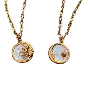 Stainless Steel Sun and Moon Pendant Necklace, Gold-Plated with Mother of Pearl
