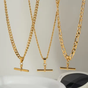 Stainless Steel T Bar Pendant Cuban Chain Necklace Hip Hop Fashion Jewelry