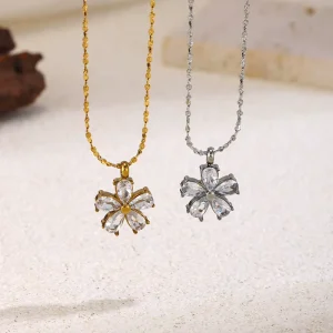 Stainless Steel Teardrop Zircon Five-Leaf Flower Pendant Titanium Steel Necklace for Women