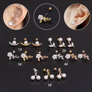 Stainless Steel Thin Rod Flower Ear Piercing Jewelry with Pearl Inlay
