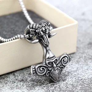 Stainless Steel Thor Hammer Pendant with Viking Goat Head Design for Men Vintage Norse Streetwear Jewelry Bulk