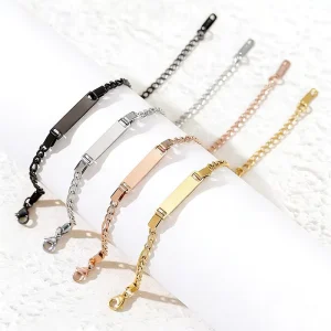 Stainless Steel Trendy Gold Plated Customizable Rectangle Charm Link Children’s Bracelet