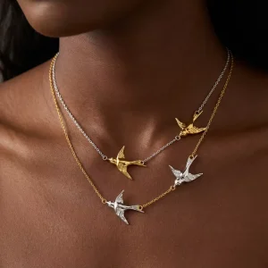 Stainless Steel Two Swallows Charm Necklace Gold Silver Plated Flying Sparrow Birds Necklace for Women