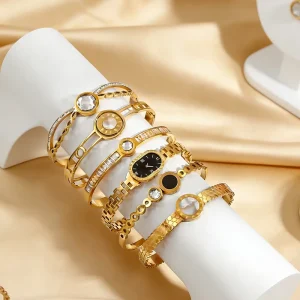 Stainless Steel Unisex Bangle 18K Gold Plated Zircon Geometric Model
